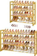 FAVOOSTY 4-Tier Expandable Shoe Rack, Adjustable Shoe Shelf Storage Organizer Space Saving Metal Free Standing Shoe Rack for Entryway Closet Doorway, Gold