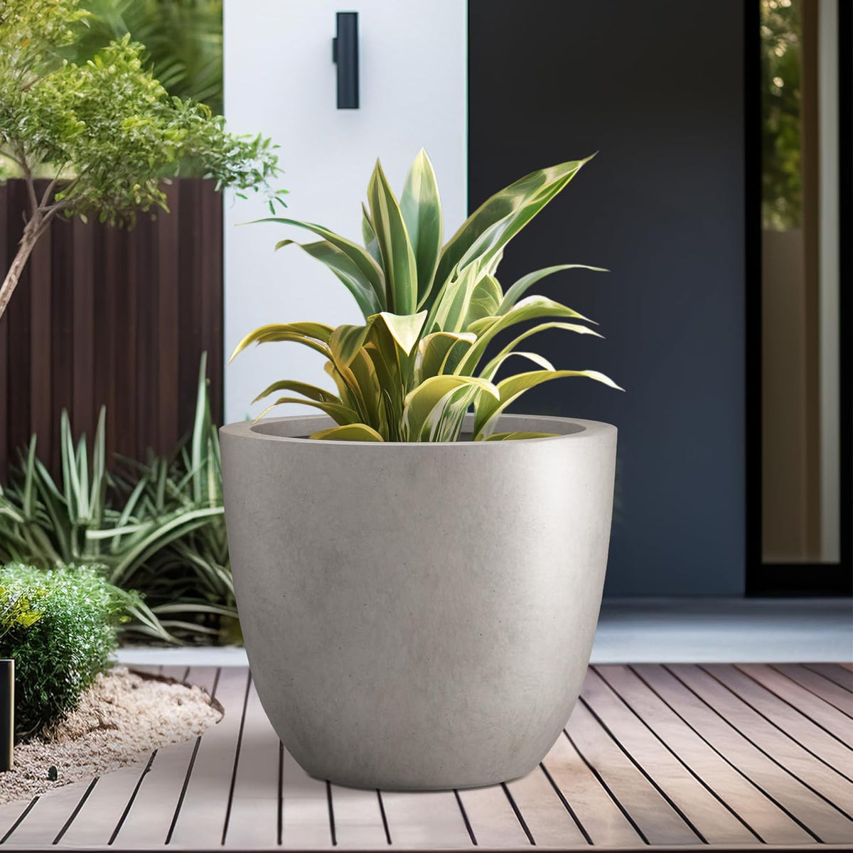 Kante 10 Inch Dia Round Concrete Planter, Indoor Outdoor Large Plant Pot with Drainage Hole and Rubber Plug for Home Patio Garden, Buff Concrete
