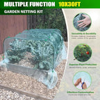 Garden Mesh Netting Kit, 10x30FT Green Ultra Fine Netting with 6 Sets Wide Garden Hoops & 18 Clips, Raised Garden Bed Netting with Frame, Row Cover, Plant Barrier for Vegetables Fruits