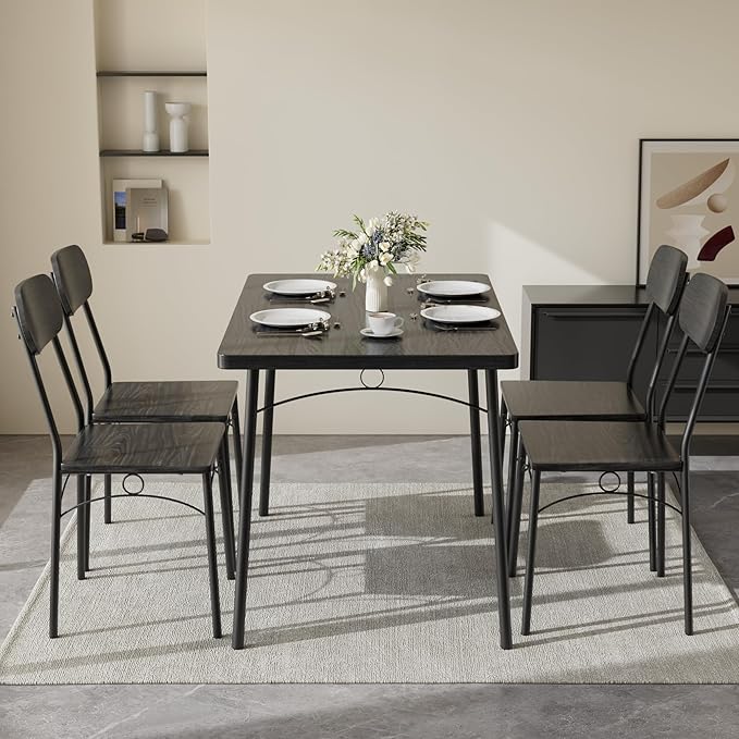 VECELO Dining Table Set for 4, 5-Piece Kitchen Table with 4 Chairs, MDF Board Tabletop with Metal Frame for Small Space, Compact Dinette, Breakfast Nook, Black