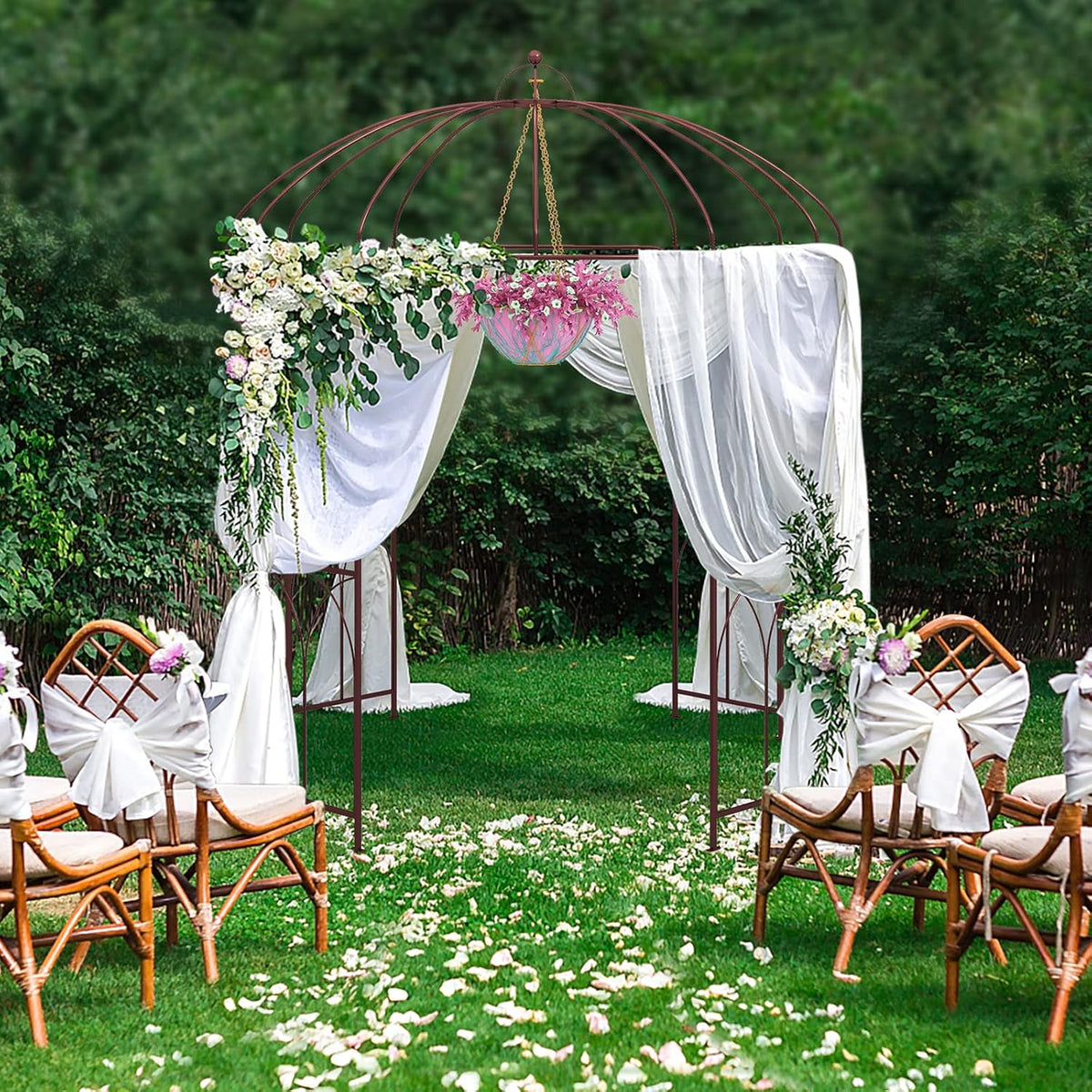 Moccha Birdcage Shape Garden Arch, 8.4’ H x 7’ W Pergola Pavilion Arch for Climbing Plants, French Style Gazebo with 16 Ground Stakes, Outdoor Metal Garden Arbor for Wedding Party Decoration, Bronze