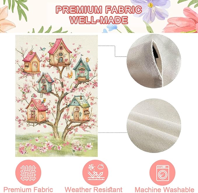 Baccessor Spring Birds Garden Flag Double Sided 12.5 x 18 Inch Burlap with Clip and Stopper,Pink Floral Flower Tree Flag Seasonal Farmhouse Front Yard Lawn Outside Outdoor Decoration