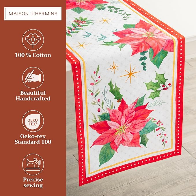 Maison d' Hermine Table Runner 100% Cotton Single Layer Table Runners 72 inches Long for Thanksgiving Christmas Decorations Home Kitchen Dining Party Wedding (Poinsettia Christmas, 14.5" x 72")