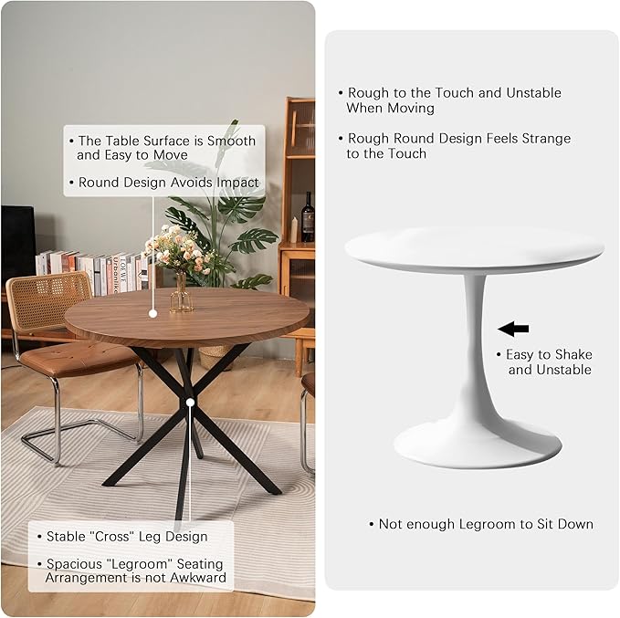 DKLGG Round Dining Table, 39" Mid-Century Modern Round Kitchen Table for 4-5 People, w/1.18" Thickness Tabletop & Black Metal Legs Leisure Table for Kitchen Dining Restaurant Furniture