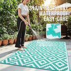 OLANLY Waterproof Outdoor Rug 9x12 ft, Outdoor Plastic Straw Rug for Camping, RV Mat Outside, Outdoor Carpet for Porch, Deck, Backyard, Balcony, Picnic, Turquoise & White