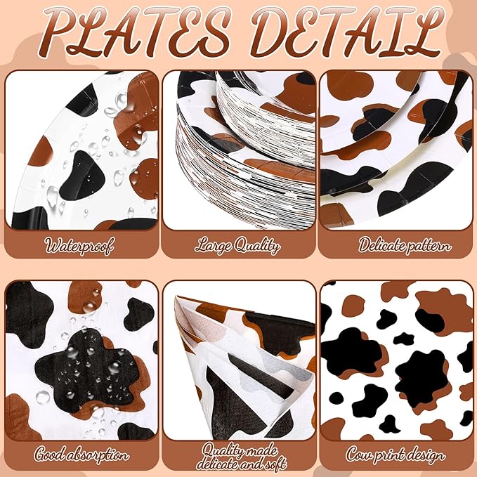 452 Pcs Cow Print Party Decorations Supplies Include Brown Cow Print Paper Plates Napkins Cups Tablecloth Cutlery Straws for Western Rodeo Birthday Baby Shower Farm Animal Party Decorations