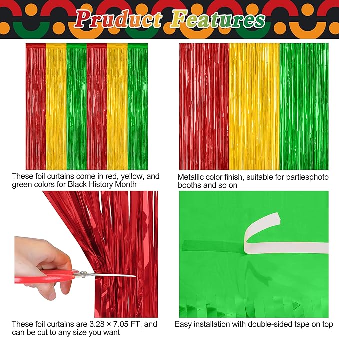 2 Pack Black History Month Decorations, 3.28 FT x 7.05 FT Backdrop Curtains, Red Yellow Green Color Tinsel Backdrop Fringe Curtains Party Streamer, Black History Month Door Decor