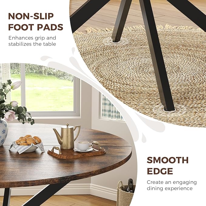 Unovivy 47" Round Dining Table for 4-6, Space Saving Circle Kitchen Dinner Table, Industrial Mid Century Modern Dining Room Desk for Kitchen, Apartment, Rustic Brown