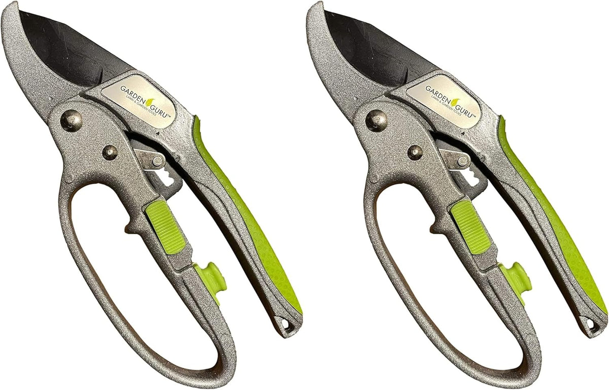 Garden Guru Ratchet Pruning Shears - Professional Garden Clippers with Ergonomic Grip and Brush - Makes Tough Cuts Easy (2 Pack)