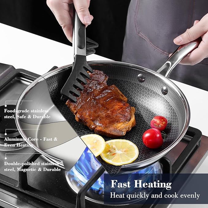 10 Inch Hybrid Non Stick Frying Pan Set Skillet Stainless Steel Skillet Chef's Pan with Matching Lid, PFOA-Free Non-Toxic Cookware, Dishwasher & Oven Safe, Induction Compatible All Cooktop