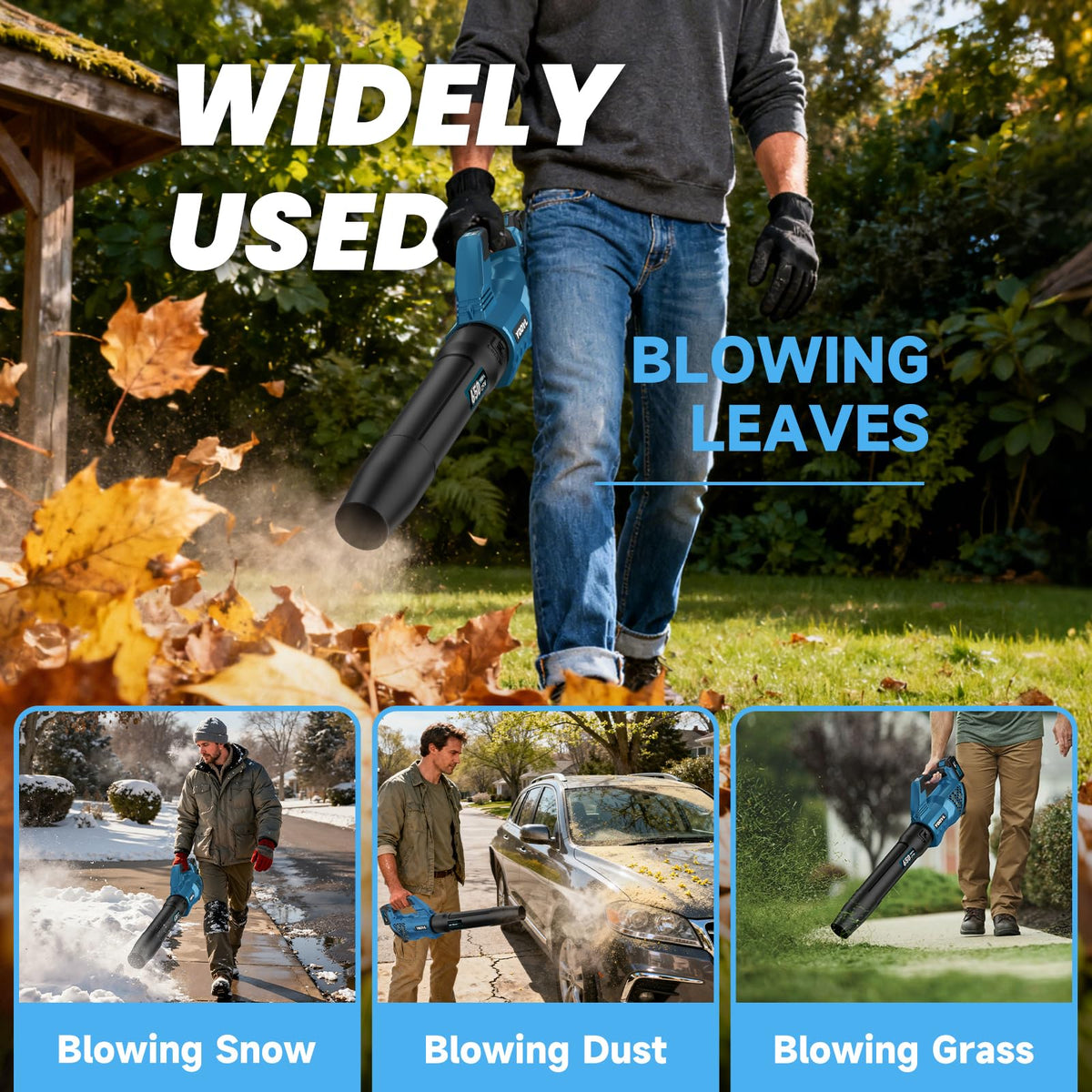 Leaf Blower Cordless, 650CFM Electric Leaf Blowers with 2 x 5.2Ah Batteries and Charger, 3 Speed Modes, 1 x Adjustable Shoulder Strap, Powerful Blowers for Lawn Care, Patio, Dust, Blowing Leaves