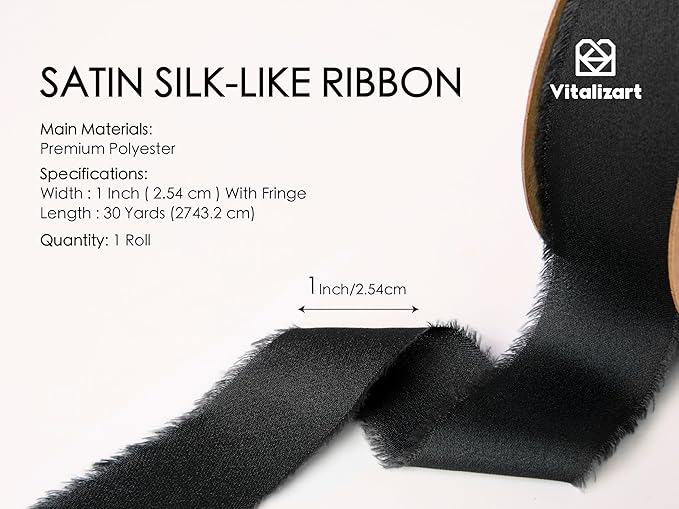 Vitalizart Silk Like Satin Ribbon 1 inch x 30 Yard Black Handmade Frayed Ribbons for Gift Wrapping Baby Shower Wedding Bridal Bouquets Holiday Decor