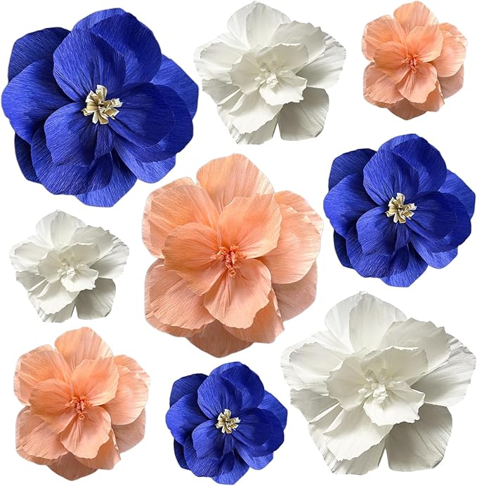 BRT Bearingshui Crepe Paper Flowers Decoration for Wall Total 9 Pcs, Artificial Flowers Backdrop for Wedding Decor Baby Bridal Shower Birthday Party, Navy Blue Coral White 3D Wall Flowers Decor