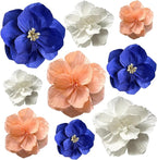 BRT Bearingshui Crepe Paper Flowers Decoration for Wall Total 9 Pcs, Artificial Flowers Backdrop for Wedding Decor Baby Bridal Shower Birthday Party, Navy Blue Coral White 3D Wall Flowers Decor