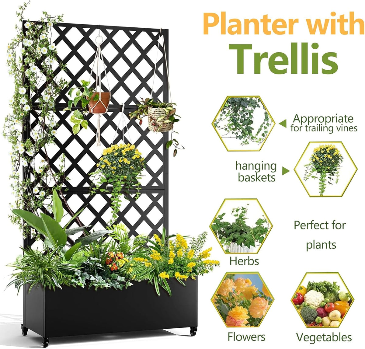 Metal Planter Box, with Diamond Lattice Trellis Planter Box, for Climbing Plants and Vines, Galvanized Raised Garden Bed on Wheels, Garden Bed with Trellis(72 in x47 in Black)