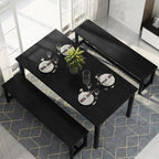 Recaceik Dining Room Table Set with 2 Benches, Kitchen Dining Table Set for 2-4 Person, Space Saving Kitchen Table and Chair Set with Metal Frame for Dining Room, Small Space, Breakfast Nook(Black)