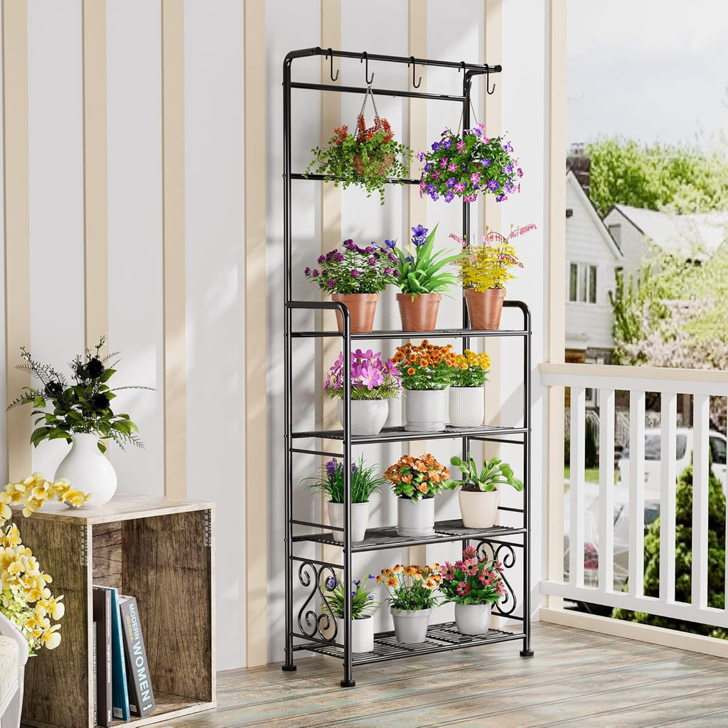Plant Stand Indoor Outdoor Heavy Duty Metal - 68.4" Tall 4-Tier Shelf for Multiple Plants, Flowers, Rustproof Black Storage Rack for Patio, Balcony, Living Room, Garden, Includes Hooks&Adjustable Feet