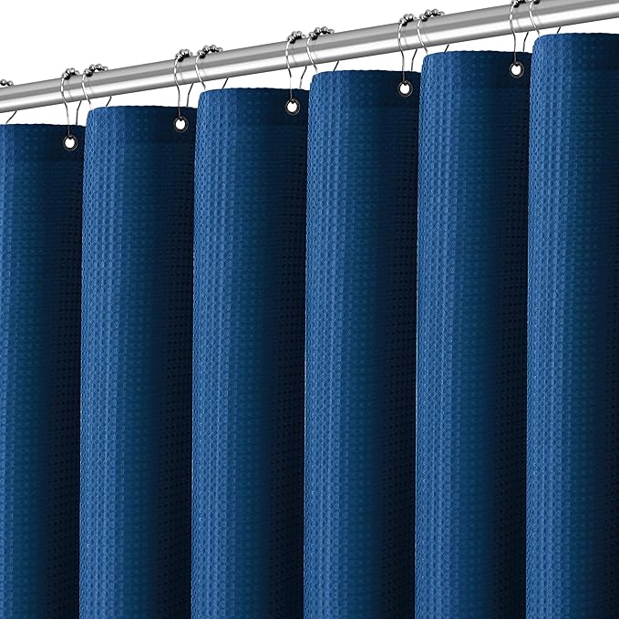 Shower Curtain Classic Blue Waffle Textured, 256GSM Heavy Duty Weighted Fabric Shower Curtains, Hotel Quality Luxury Polyester Water Repellent Bathroom Curtain with 12 Hooks, 72Wx78H