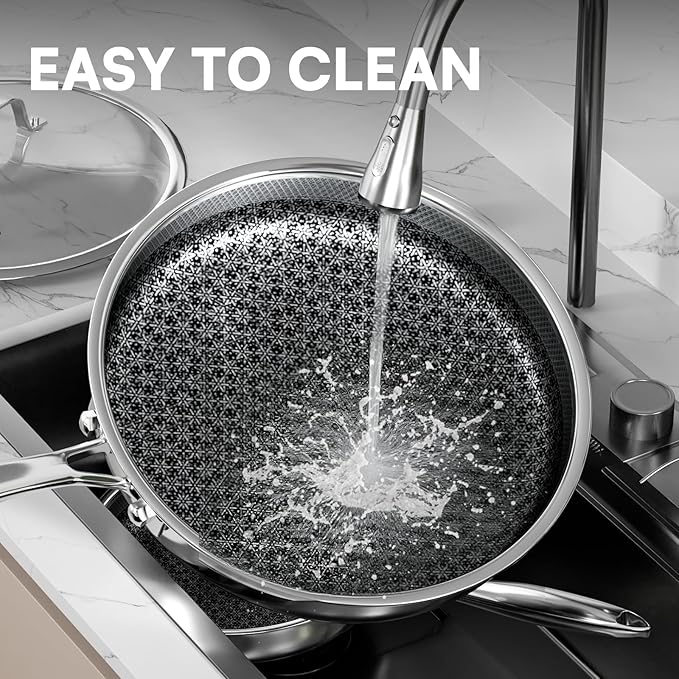 Non Stick Frying Pans Set with 3 Lid, Hybrid Pans Set Nonstick (8+10+12inch),Pan for cooking, nonStick Cookware, Dishwasher and Oven-Safe Cookware Sets, Stainless Steel Skillets