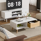 Cozy Castle Modern Coffee Table, Wooden Cocktail Table with Storage, Minimalist Hallway Table, Mid Century Modern Coffee Table for Living Room Apartment Reception, White