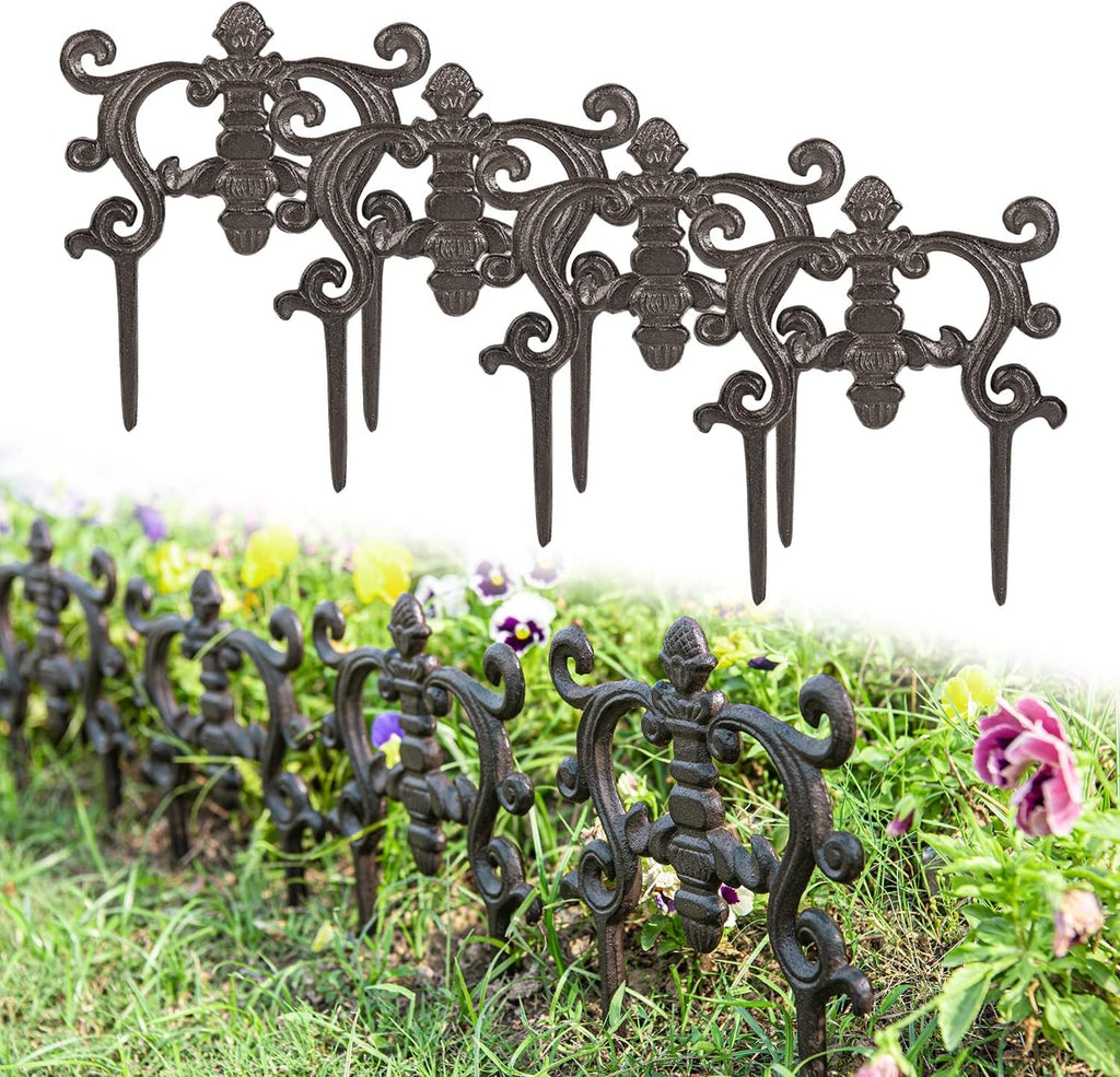 Sungmor Decorative Cast Iron Flower Bed Edging for Landscaping, 4PC Heavy Duty & Sturdy Low Garden Fence, 9.4" Tall Small Picket Fence, Pretty Vintage Lawn Edge Barrier, Outdoor Yard Decor Stakes