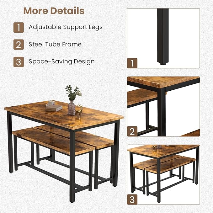 Recaceik Dining Table Set with Bench, 3 Pieces Dining Furniture Set Kitchen Table Set Sturdy Structure Space-Saving Dinette for Kitchen, Dining Room Breakfast Nook, Living Room, Rustic Brown