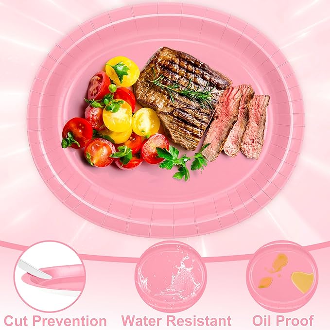 QZYL 50 Pcs Party Decorations, 12.2'' X 10.2'' Oval Large Paper Plates, Pink Disposable Paper Plates, Heavy Duty Paper Plates for Children's Birthday Party Wedding Picnic Baby Shower Barbecue Holiday