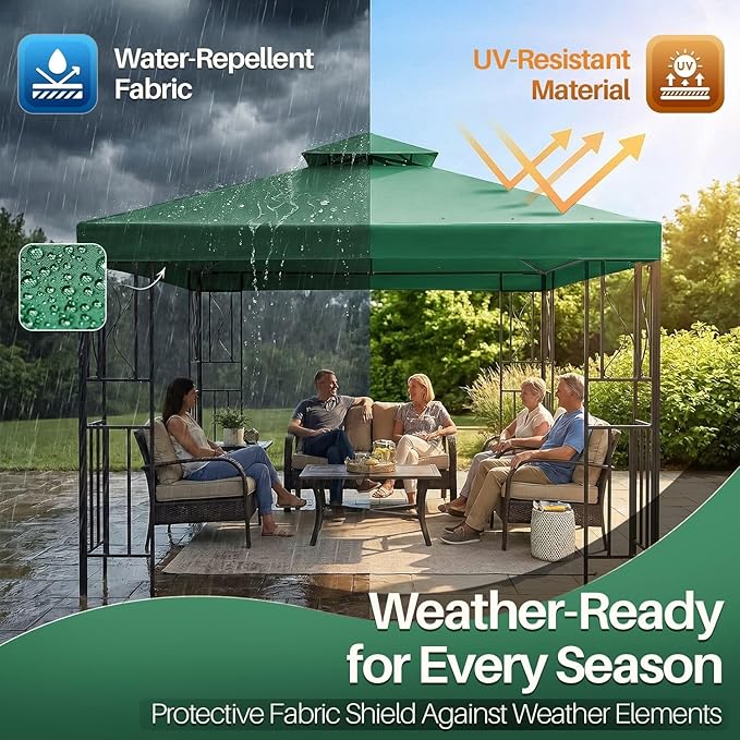Flexzion 8x8 Gazebo Canopy Replacement Top Waterproof Cover - Outdoor Gazebo Canopy Cover - Double Tier UV30 Cover for Canopies, Garden, Patio, Yard Tent (Green)