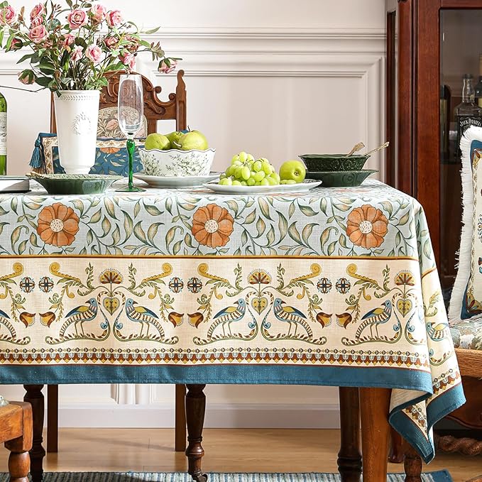 patdrea Designer French Linen Blue Tablecloth for Rectangle Table,Vintage Floral Table Cloth,Colorful Decoration Fall Cover Kitchen Dining for Thanksgiving,Tea Party,Christmas,63"x87"-Wensel