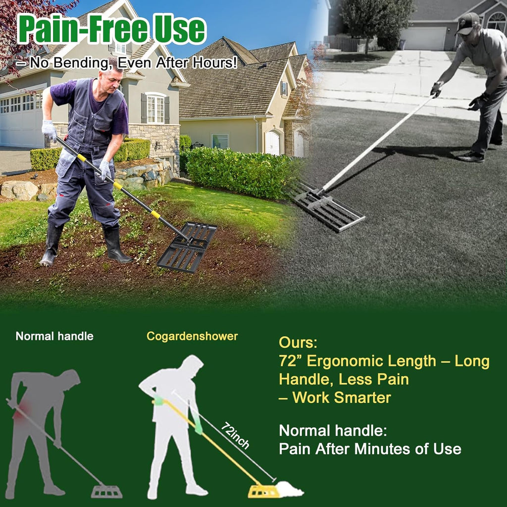 Lawn Leveling Rake - Heavy Duty 17"x10" Stainless Steel Lawn Leveler | Adjustable 28-72" Handle, Reinforced Welds & Smooth Edge for Soil, Dirt,Ground,Yard Top Dressing,Landscaping