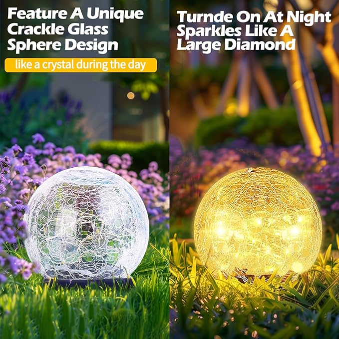 Coroor Garden Solar Ball Lights Outdoor Waterproof, 50 LED Cracked Glass Globe Solar Power Ground Lights for Path Yard Patio Lawn, Christmas Decoration Landscape Warm White(2 Pack 4.7'')