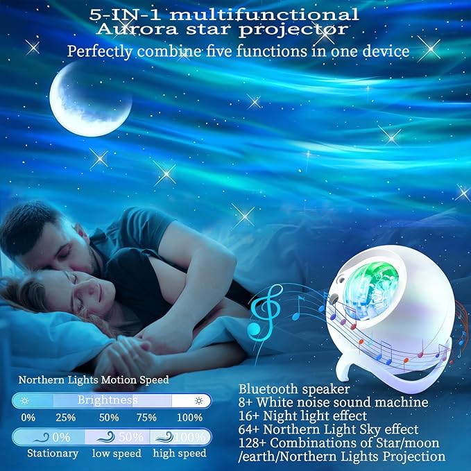 Aurora Northern Lights Projector: 60+ Light Effects White Noise Stars Sky Moon Lights for Bedroom Bluetooth Remote Timer Multi Colors, Mood Lighting Room & Classroom Decor