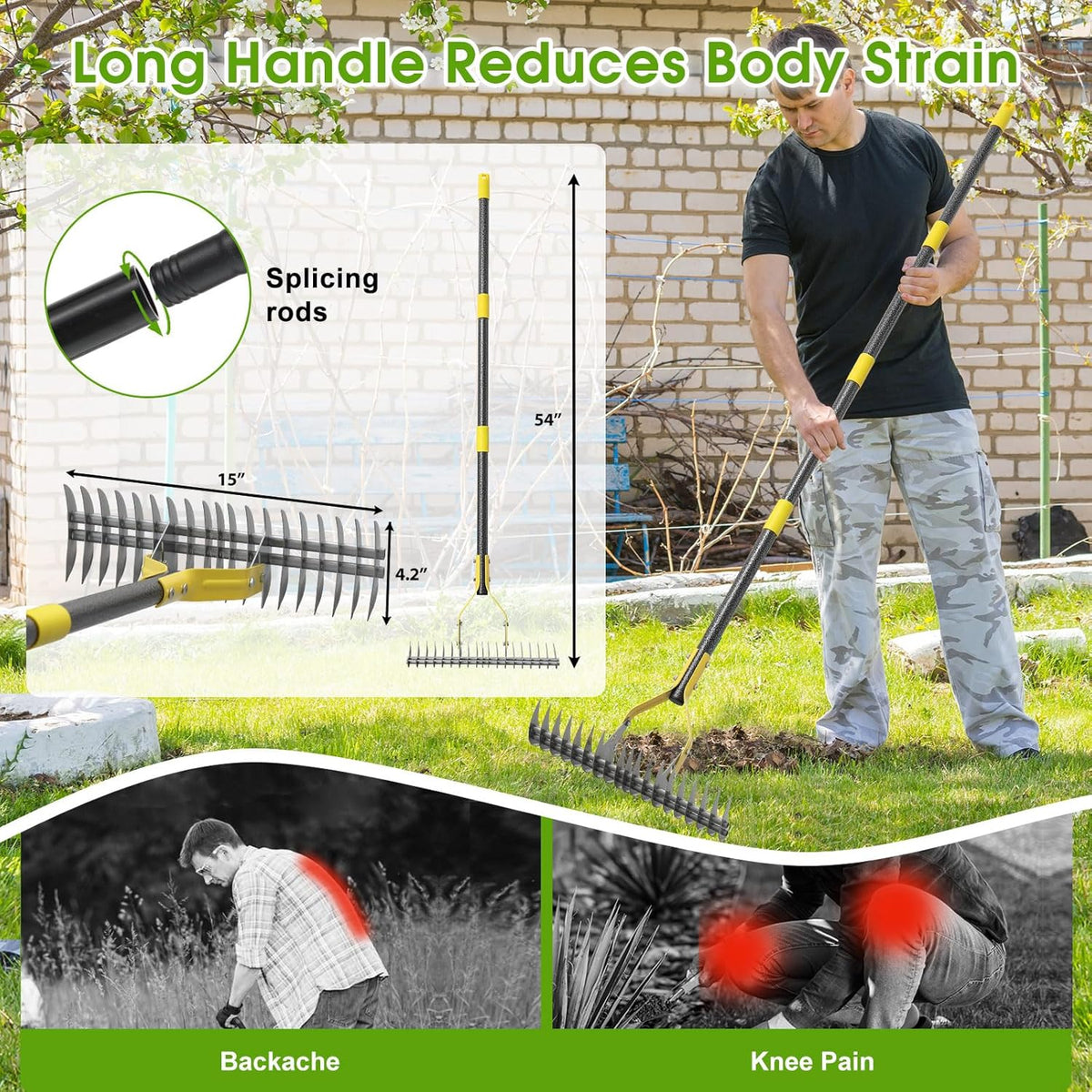 Thatch Rake 4.5FT Heavy Duty Metal Dethatcher Rake with Adjustable Long Handle 19-Tine 15” Wide Lawn Yard Garden Tool for Cleaning Dead Leaf Grass Loosing Soil