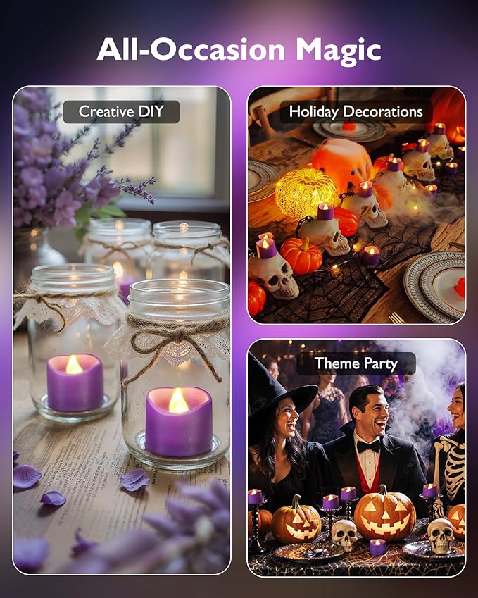 Homemory Purple Tea Lights Candles Battery Operated, 200+Hour Flameless Flickering Fake Electric LED Colored Tealights Candles for Party, Wedding, Halloween, Mardi Gras, Holiday Decor, 24-Pack