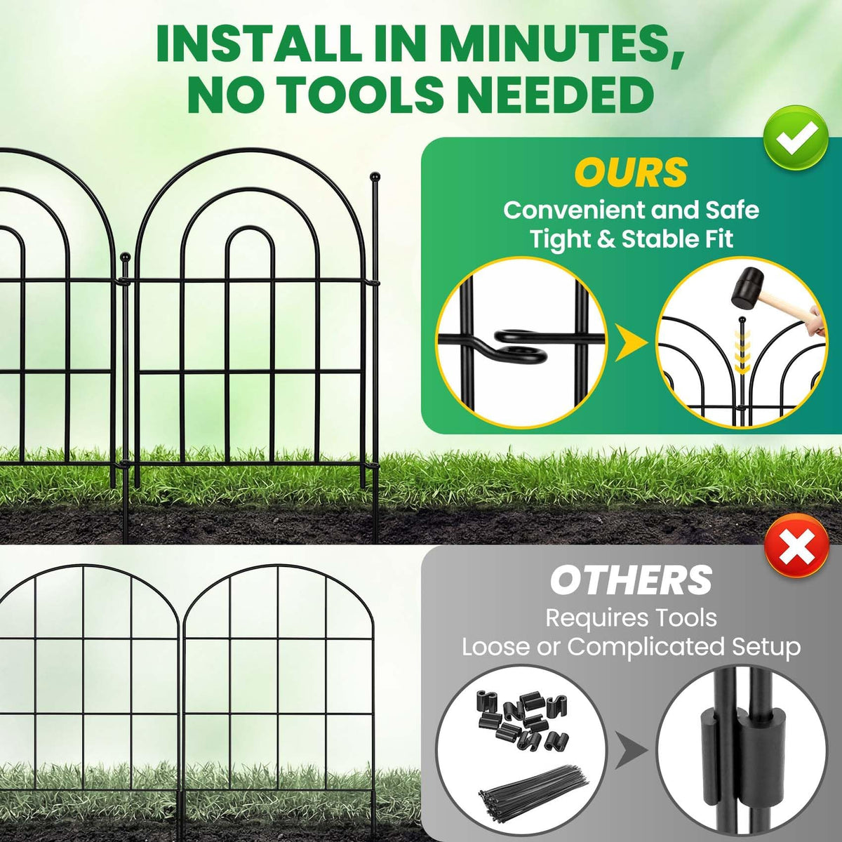 ArdeFentium Garden Fence Panels – 17"(H)x 10.83ft Arched Fencing with Tool-Free Install, Metal Fence Panels Rustproof Outdoor Barrier for Yard, Patio, Flower Beds, Dog Barrier, Decor and Garden Edging