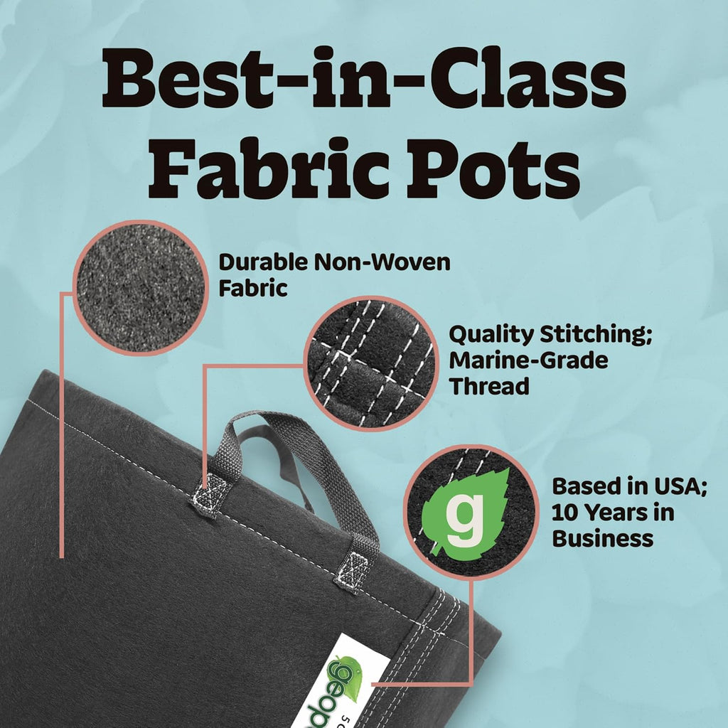 GeoPot 5 Gallon Fabric Grow Bags with Handles for Vegetables, Houseplants, Herbs & Flowers | 10-Pack | Fabric Pots for Outdoors and Indoors, Aerated Fabric Grow Bags