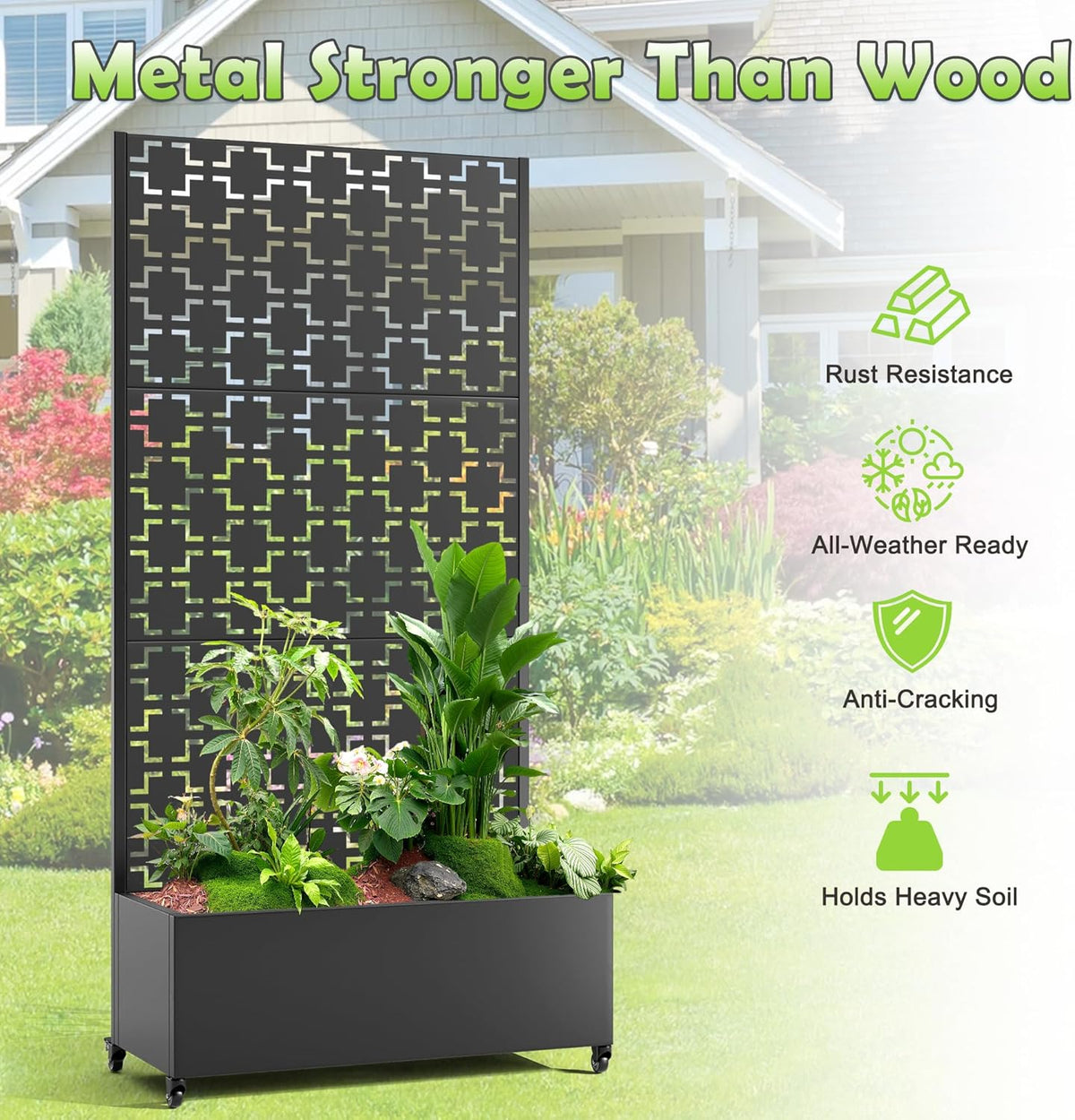 15.7"×70.9"×35.4" Metal Raised Garden Bed with Trellis and Wheels - Tall Trellis Planter Box for Climbing Plants, Vegetables & Vines - Outdoor Privacy Planters for Patio (Black-Square)