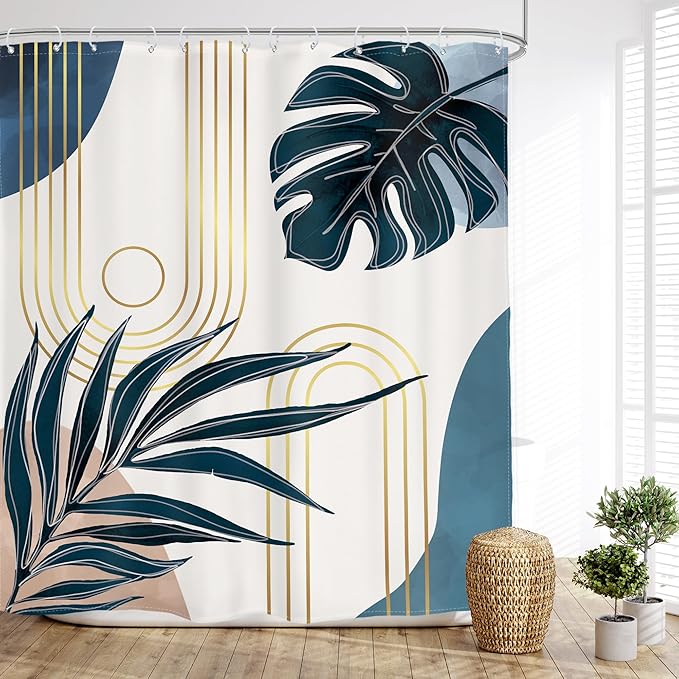 Glawry Boho Navy Blue Shower Curtain Mid Century Abstract Tropical Palm Leaf Modern Minimalist Plant Botanical Bathroom Geometric 60Wx72L Inches Bath Accessories Art Home Decor Fabric 12 Pack Hooks