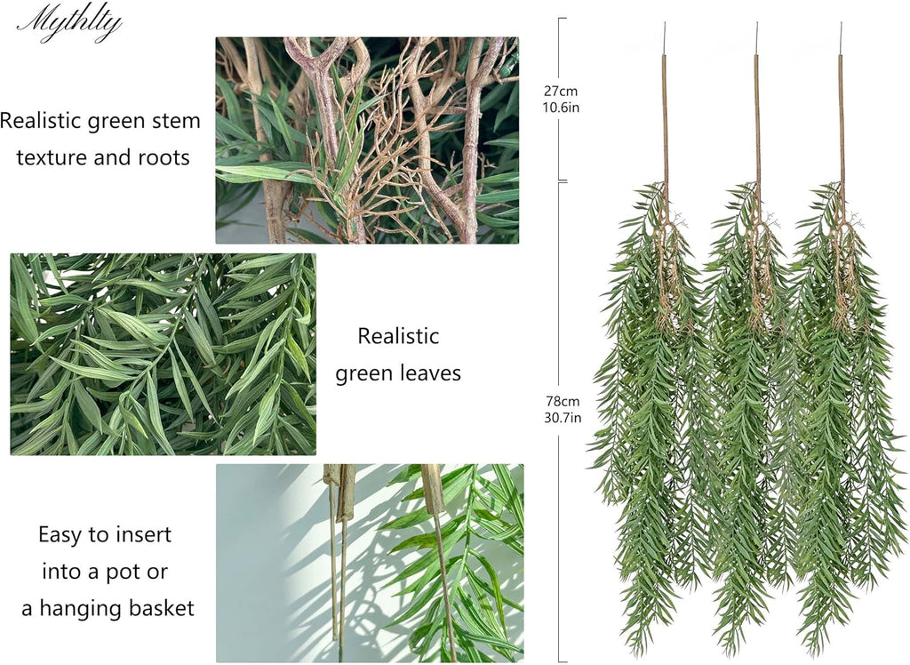 3 Fake Hanging Plants of Bamboo Stems with Roots, Faux Hanging Greenery Plastic Plants for Party Home Office Farmhouse Living Room Greenery Wall, Ceiling, Bathroom, Mantle, Spring Porch Decor
