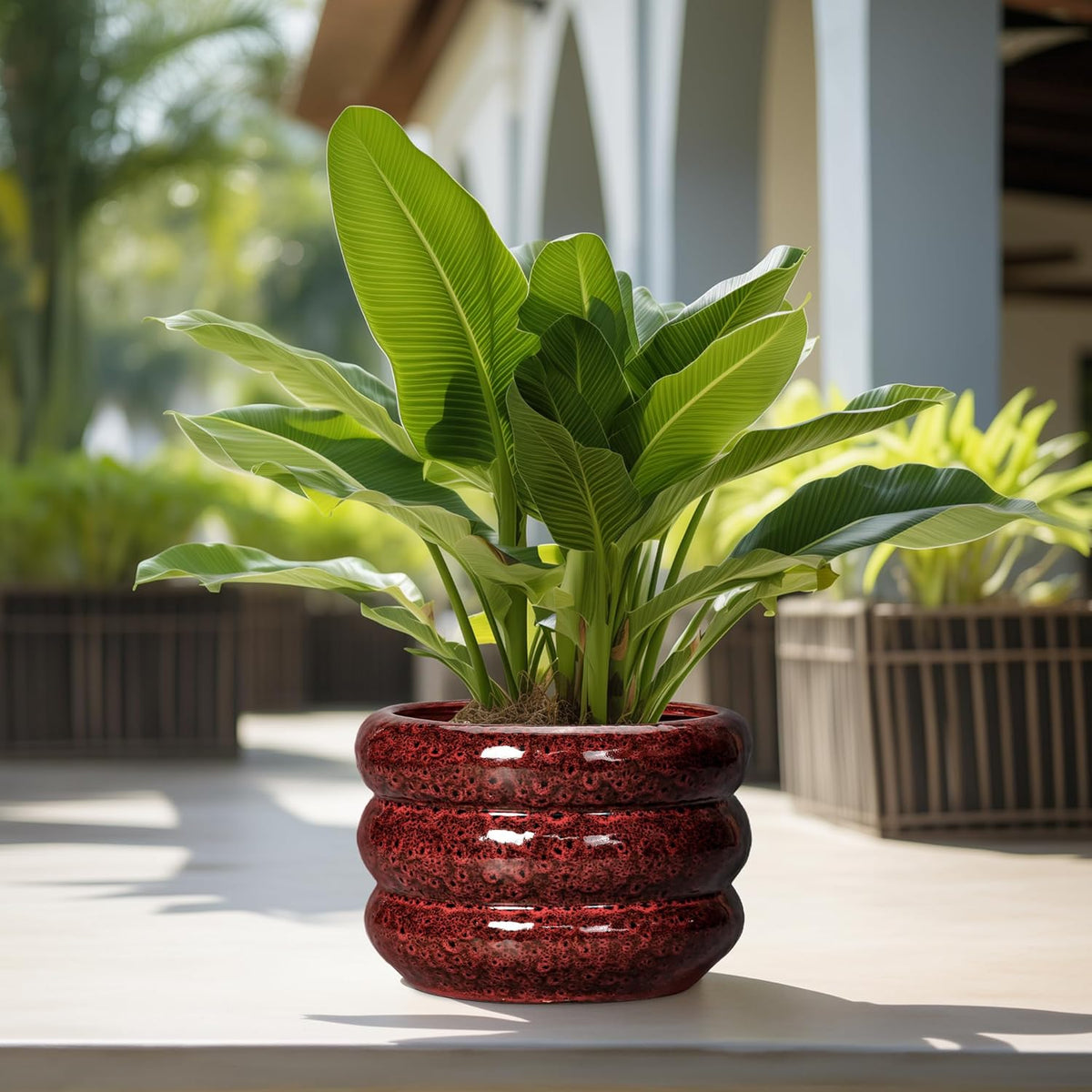 SQOWL Ceramic Planters for Indoor Plants - 13.5 Inch Plant Pot with Drainage Hole, Large Ceramic Flower Pots, Bubble Round Planter for Outdoor Plants, Room Home Office Decor, Gardening Gifts, Red