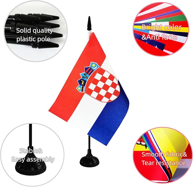 Croatia Desk Flag, 12 Pack Croatian Table Office Flag with Black Solid Pole and Stand Base, International Country Flag, Festival Celebration, Classroom Meeting Desktop Decor (Croatia)