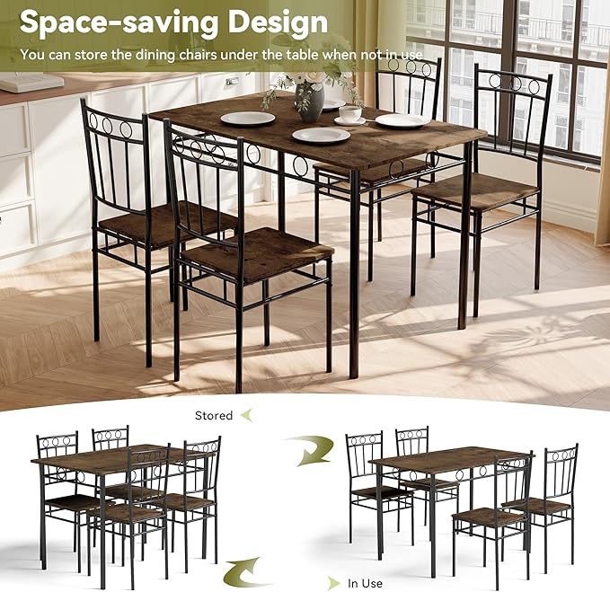 5 Piece Dining Table Set, Wood Kitchen Table and Chairs for Small Space,Breakfast Nook,Easy Assembly,Brown