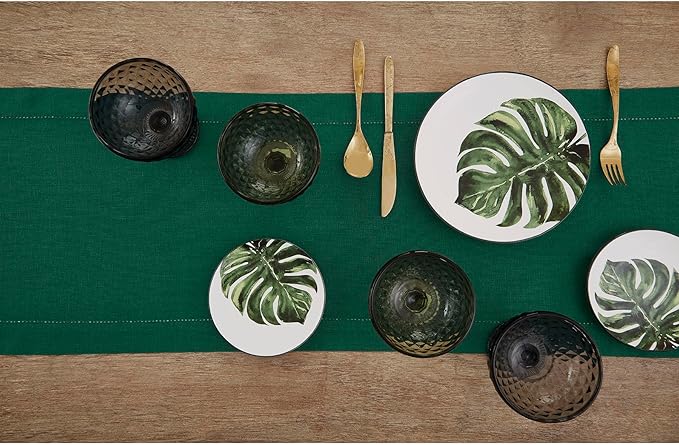 Solino Home Linen Rainforest Green Hemstitch Table Runner 48 Inches - 100% Pure Linen Small Table Runner 14 x 48 Inch Ideal for Dresser and Coffee Tables - Classic Hemstitch - Christmas, Thanksgiving
