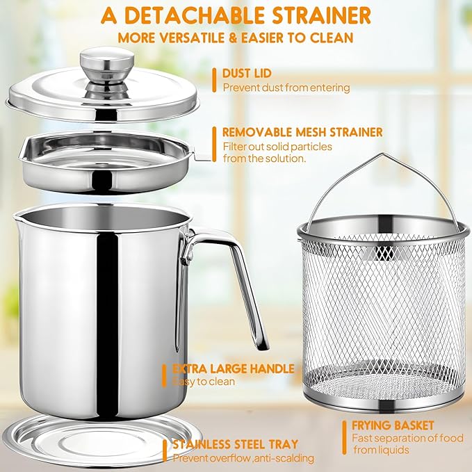 Chihee Grease Container Deep Fryer 2 in 1 Stainless Steel Bacon Grease Saver with Fine Mesh Strainer Fry Basket 2L / 67.6 fl oz Oil Container Grease Can with Lid Tray for Kitchen Storing Frying