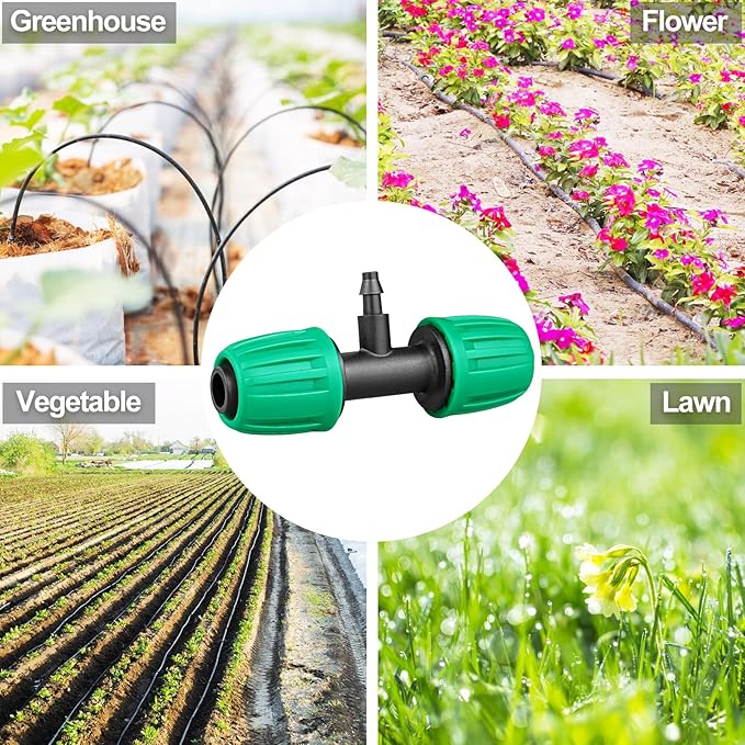 JAYEE Drip Irrigation Fittings, 15 Pcs Lock Barbed Tee for 1/2 to 1/4 Inch Vinyl Tubing, Drip Line Parts 3-Way Tees Irrigation Connectors for Drip Sprinkler Garden Lawn Systems, Green