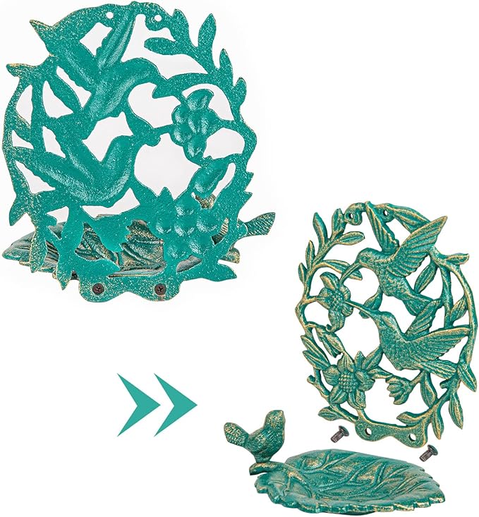 Sungmor Cast Iron Wall Mounted Bird Feeder, Cute Hummingbird Decor Small Water Bath, Wall Hanging Fence Bird Bath Feeder, Beautiful Green Birdfeeder for Garden Backyard Patio Wall Decoration