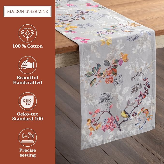 Maison d' Hermine Table Runner 100% Cotton Single Layer Table Runners 108 inches Long for Thanksgiving Christmas Decorations Home Kitchen Dining Party Wedding (Equinoxe - Grey, 14.5" x 108")