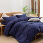 BESTOUCH Duvet Cover Set 100% Washed Cotton Linen Feel Super Soft Comfortable Chic Lightweight 3 PCs Home Bedding Set Solid Navy Blue Oversized Queen