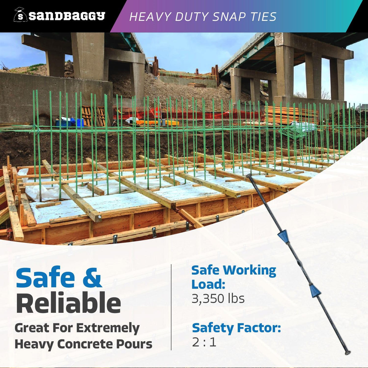 8" x 4 ¾" Heavy Duty Snap Ties for Concrete Forms - 3,350 lbs Safe Working Load (2:1 Safety Factor) - 1" Plastic Cones, Integral Heads - Construction Grade 4 Gauge Steel (Short End, 200, Count)