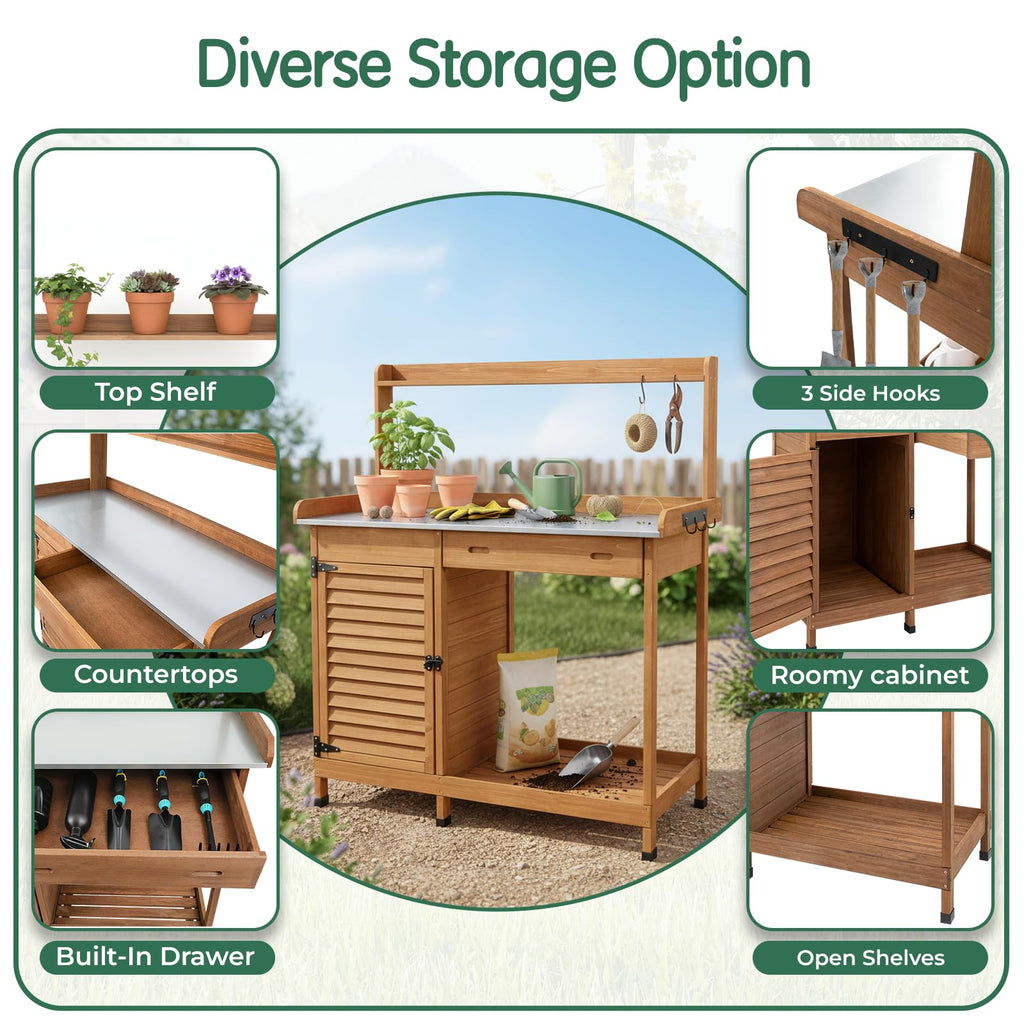 Potting Bench Table Work Bench with Storage Cabinet Outdoor Wooden Garden Workstation with Metal Tabletop/Drawer/Hooks/Open Shelf(41" LX 12.5" W X 49.2" H)